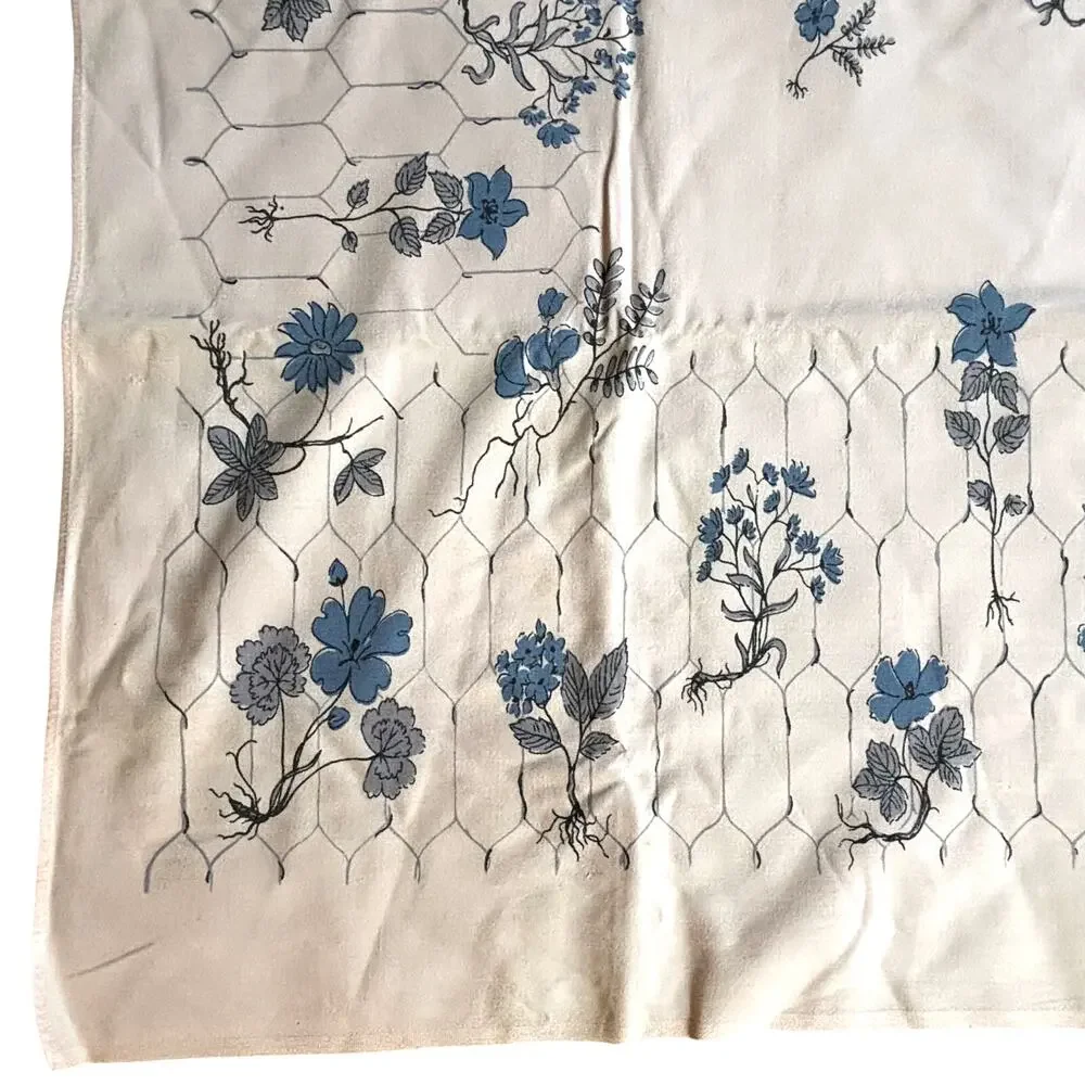 Vintage tablecloth printed cotton rectangle faded PINK blue & gray floral design